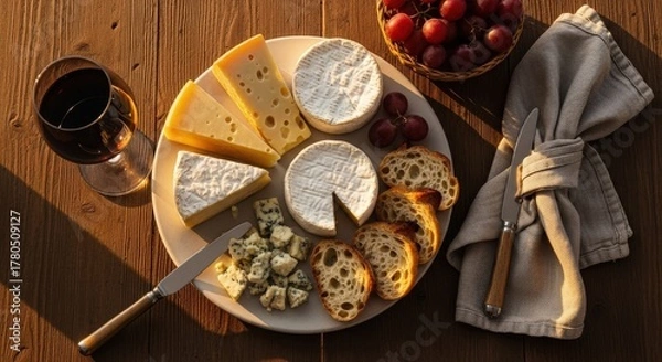Fototapeta Gourmet cheese platter with various cheeses, grapes, and a glass of wine on a wooden table
