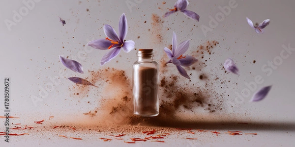 Fototapeta A captivating composition showcasing saffron, with a bottle of saffron powder, complemented by delicate purple flowers and petals