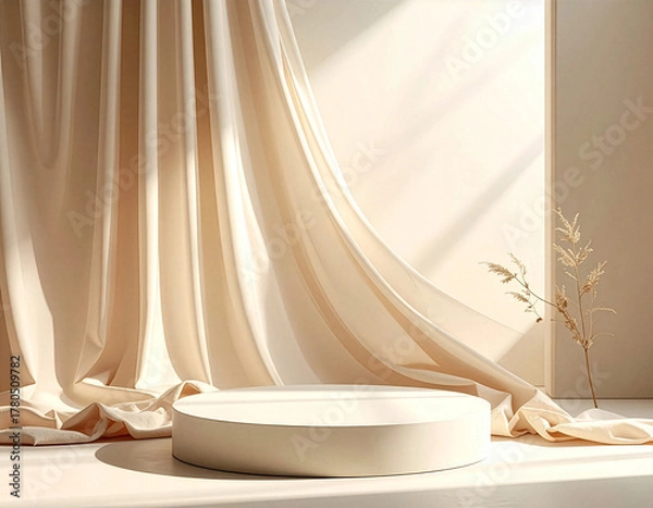 Obraz ベージュの光と影の抽象的な背景に浮かぶ円形台座とドレープカーテンの背景デザイン。美容製品などのディスプレイに最適なモックアップ。

