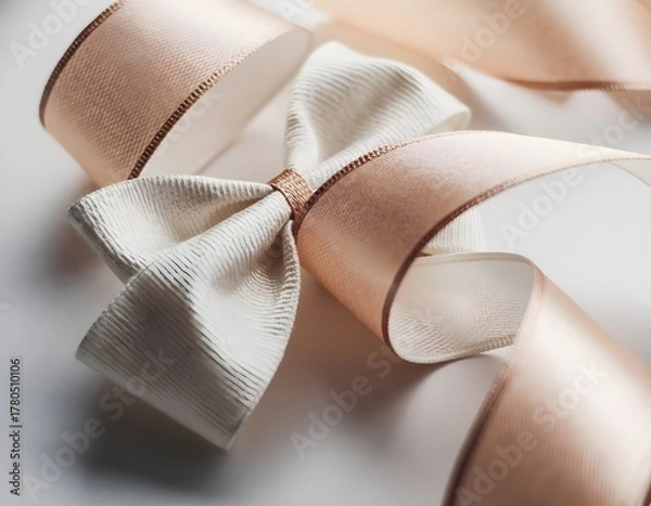 Fototapeta Elegant ribbon tied in a bow rests gently on a white surface, creating a soft and delicate aesthetic for gift wrapping or decoration.