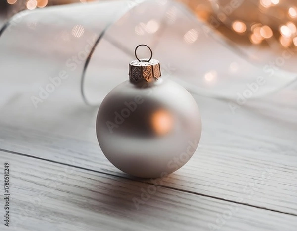 Fototapeta Silver christmas ornament rests on a white wooden surface with a soft white ribbon and twinkling lights creating a festive and elegant holiday scene.