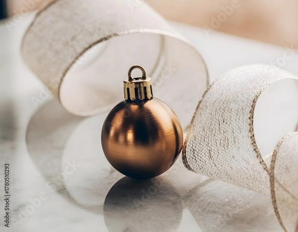 Fototapeta Golden christmas ornament sits beside a curled ribbon on a reflective surface, creating a festive and elegant holiday scene.