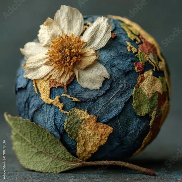 Fototapeta Dried Botanical Globe of Earth. Dying Nature. A miniature Earth assembled from dried botanical textures. Perfect for climate change awareness, sustainability campaigns, Earth Day materials.