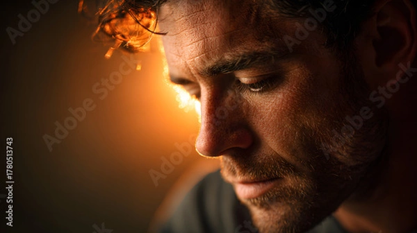 Obraz Man looking down with warm backlight creating halo of thoughtfulness 