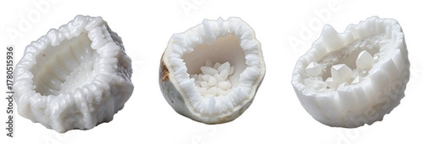 Fototapeta Crystalline Cross-Sections – White Organic Structures with Hollow Fossilized Interiors for Science Backgrounds and Geology Concepts