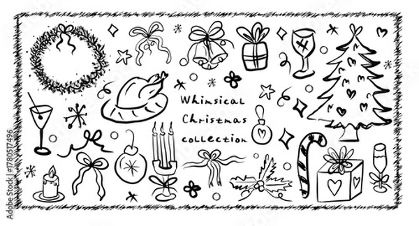 Fototapeta Whimsical coquette Christmas food and wine. La dolce vita concept. Design elements for New Year party greeting cards, winter party invitations, birthday. Vector