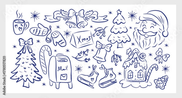 Fototapeta Whimsical Christmas hand drawing sketch set. La dolce vita concept. Design elements for New Year party greeting cards, winter party invitations. Vector