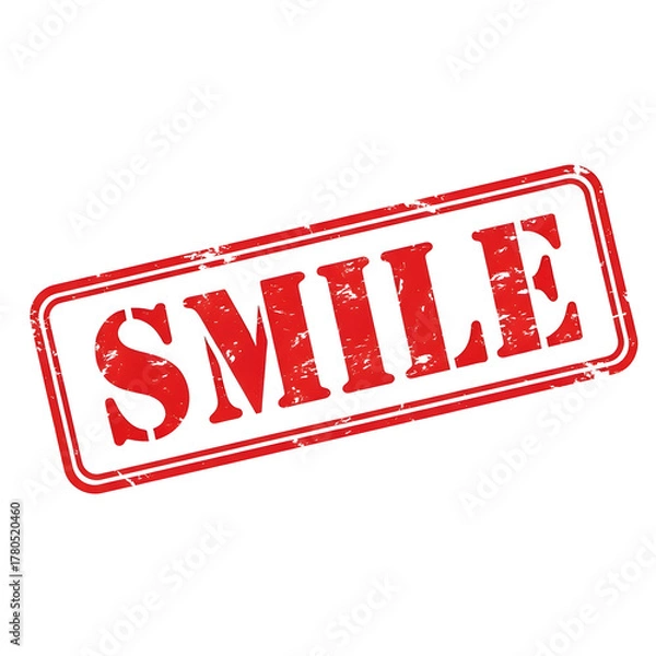 Fototapeta Red distressed rubber stamp with the word smile in bold uppercase letters isolated on transparent background