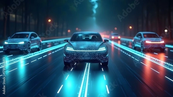 Fototapeta Sleek self driving car on glowing highway shows the future of transportation and automotive technology