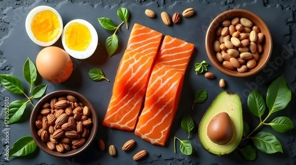 Fototapeta Vibrant salmon fillets with avocado, eggs, and nuts for a healthy balanced diet on a textured surface, fueling active lifestyles today