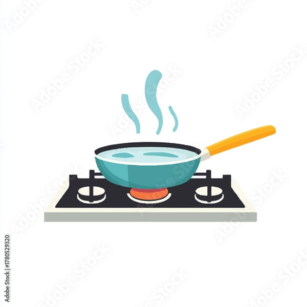 Fototapeta Frying pan on a gas stove with boiling water and steam