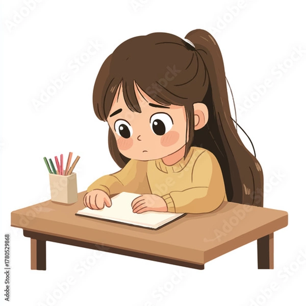 Fototapeta Girl diligently studying at her desk with focused expression