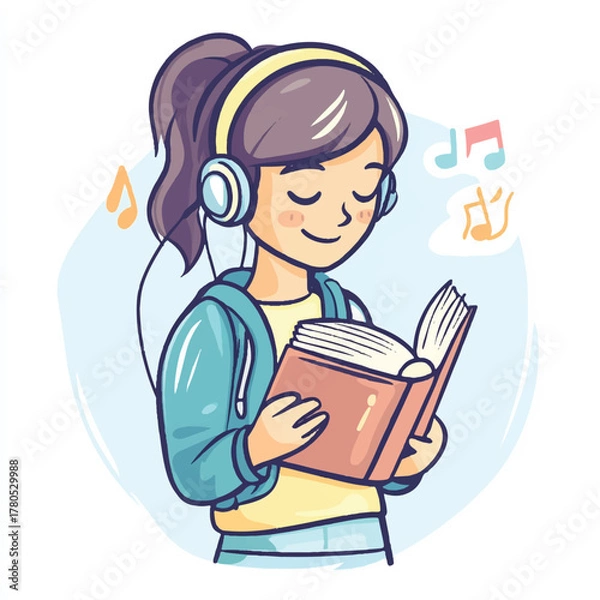 Fototapeta Girl engrossed in reading with headphones on surrounded by musical notes