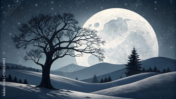 Obraz Minimalist Winter Landscape Barren Tree Snow Moon Linocut Art