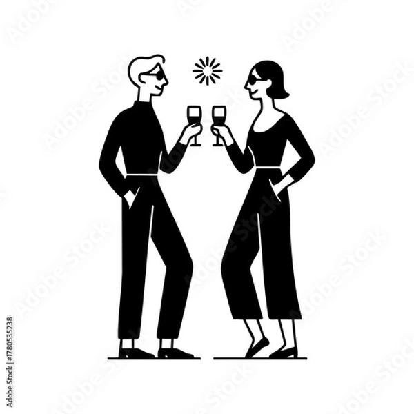 Obraz A stylish couple clinking glasses in a cheerful toast, representing celebration, friendship, and festive occasions.