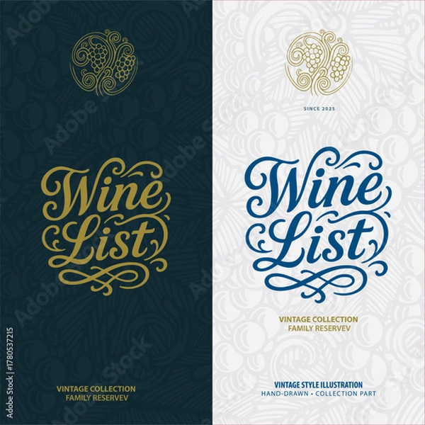 Fototapeta Vintage style wine theme designs set with “Wine List” lettering in two elegant variations — gold on dark blue and blue on light background. Ideal for wine branding and restaurant menus.