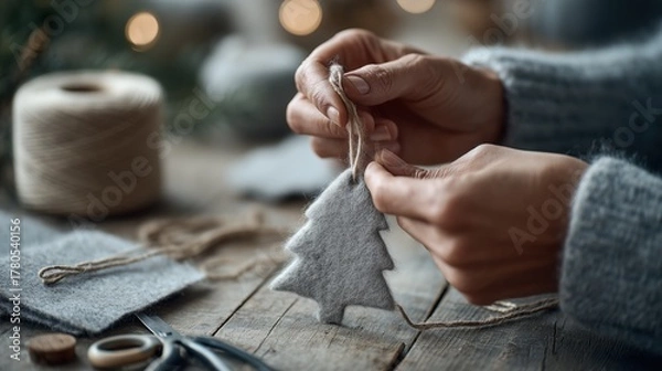 Fototapeta Hands making felt Christmas tree ornament with string on rustic wooden table