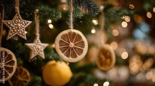 Obraz Dried orange slice and natural ornaments hanging on Christmas tree with warm lights