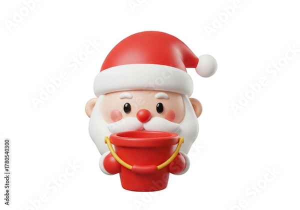 Fototapeta Cute 3d illustration of santa claus face holding a red bucket isolated on transparent background