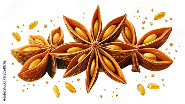 Fototapeta Star Anise Spice Cluster: An exquisite display of star anise, showcasing its distinctive star-like shape and aromatic seeds, radiating a warm, inviting essence of culinary delight.
