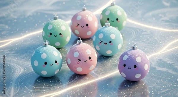 Fototapeta Pastel Christmas background with polka dot ornament, festive holiday bauble design, soft minimal winter decoration