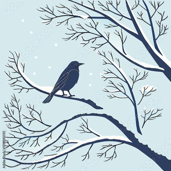 Fototapeta Winter scene with a bird perched on a snowy branch