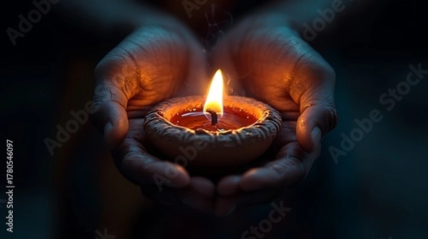 Fototapeta A close-up shot of an adult's cupped hands holding a lit clay diya in complete darkness, warm flame casting gentle light on skin textures, fingers outlined by the glow, no background visible.