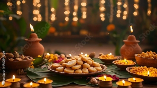 Fototapeta A rustic-style table setting with handmade Indian sweets like peda and halwa served in banana leaves, surrounded by earthen diyas and small incense burners.