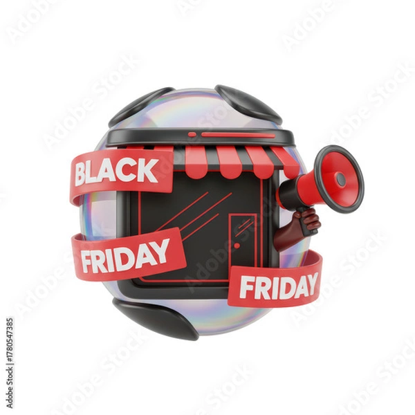 Fototapeta Black Friday Sale Concept 3D Icon with Megaphone and Storefront