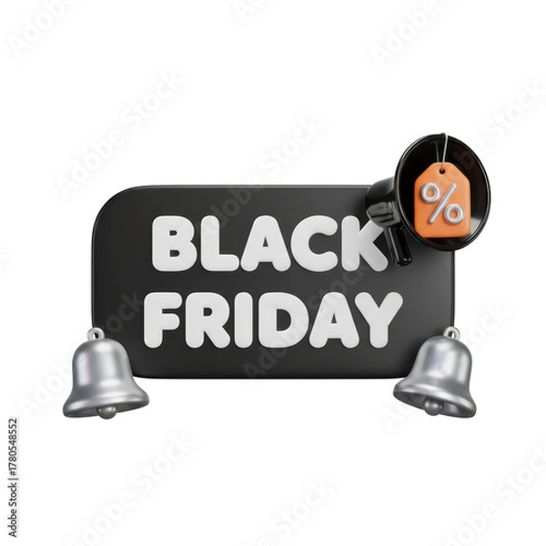 Fototapeta Black Friday Sale Announcement with Megaphone and Bells - 3D Rendering