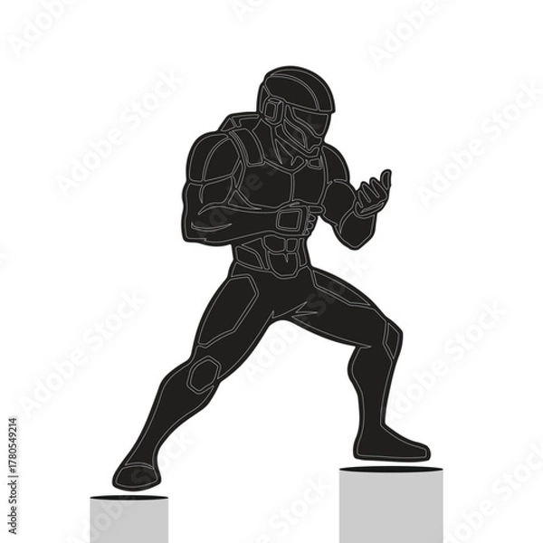 Fototapeta Dynamic scifi character illustration. Futuristic soldier or superhero in an action pose. Ideal for gaming, technology, or comic book themes.