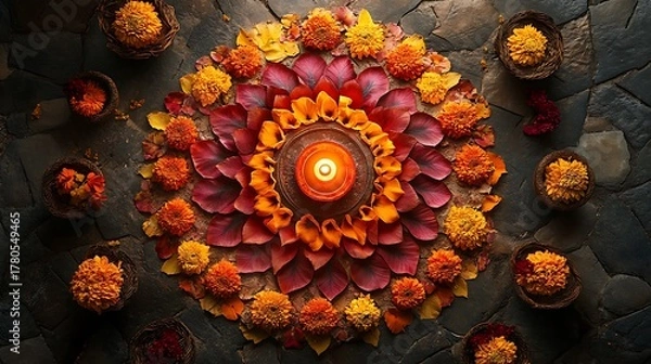 Fototapeta Top-down view of an intricate circular rangoli made of rose, marigold, and chrysanthemum petals, center lit with oil lamps, surrounded by flower baskets.