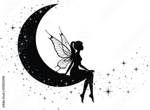 Obraz Fairy sitting on crescent moon silhouette vector—ornate wings, starry sky, magical pose for fantasy, celestial, and story themes