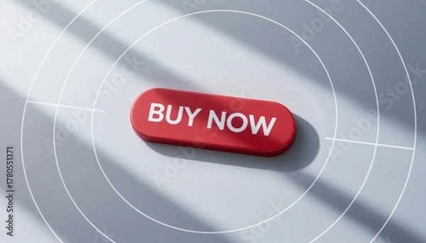 Obraz Vibrant red "Buy Now" button on a sleek minimalist white background with digital interface elements