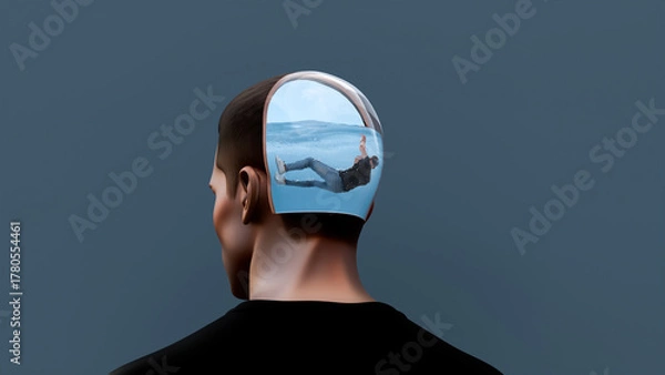 Fototapeta Man drowning inside his own mind, concept of overthinking, depression, anxiety, mental struggle, emotional exhaustion and inner chaos, 3d render