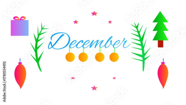 Obraz December card with fir branches and decorations, banner design on white background, vector illustration