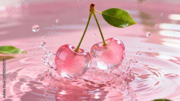 Fototapeta Glowing  translucent pink cherries fall into pink water 