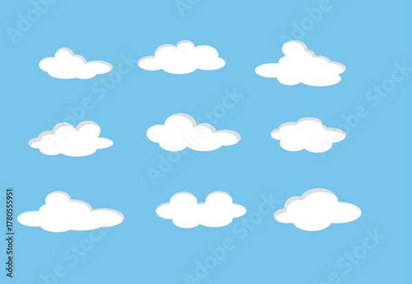 Obraz Flat design collection of nine distinct white cloud icons. Each cloud boasts subtle shadows against a clear blue sky, adding depth. Perfect for engaging weather apps, digital services