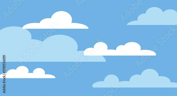 Obraz Flat Design layered blue sky background showcasing multiple white and light blue clouds. The simple stylized cloud shapes overlap creating a sense of depth and movement across the scene.