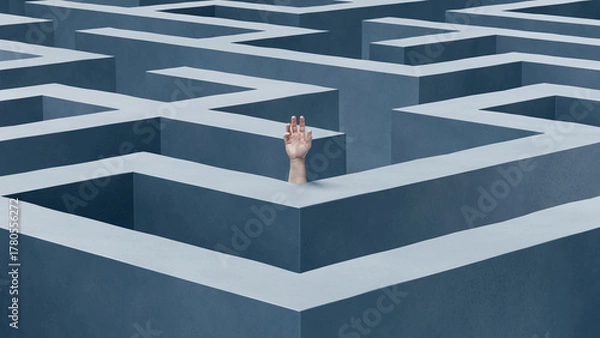 Fototapeta Hand reaching out from inside a giant maze, concept of confusion, struggle, help, mental exhaustion, problem solving and stress, 3d render