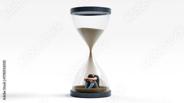 Fototapeta Man sitting sad inside an hourglass, sand slowly falling as time passes, concept of depression, fading motivation, lost purpose and emotional fatigue, 3d render