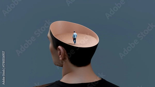 Fototapeta Man walking in circles inside a human head, stuck in repetitive thoughts and overthinking, concept of mental exhaustion, stress, anxiety and inner confusion, 3d render