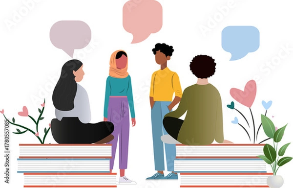 Obraz Diverse students discussing ideas on transparent background