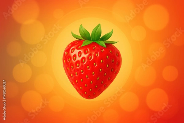 Fototapeta Bright red strawberry with green leaves against a warm orange background, highlighting its fresh appearance and appeal