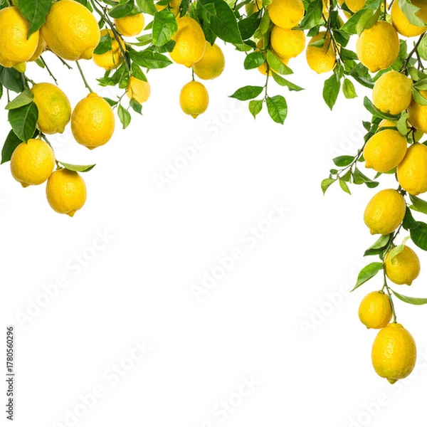 Fototapeta Golden Lemons in Botanical Embrace: A vibrant display of ripe, yellow lemons hangs amidst lush, green foliage, a testament to the bounty of nature and the freshness of the harvest.