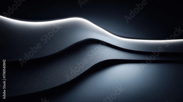 Fototapeta Futuristic metallic black background with silver-blue lighting and soft reflections, layered abstract depth and clean copy space for luxury product or tech design.