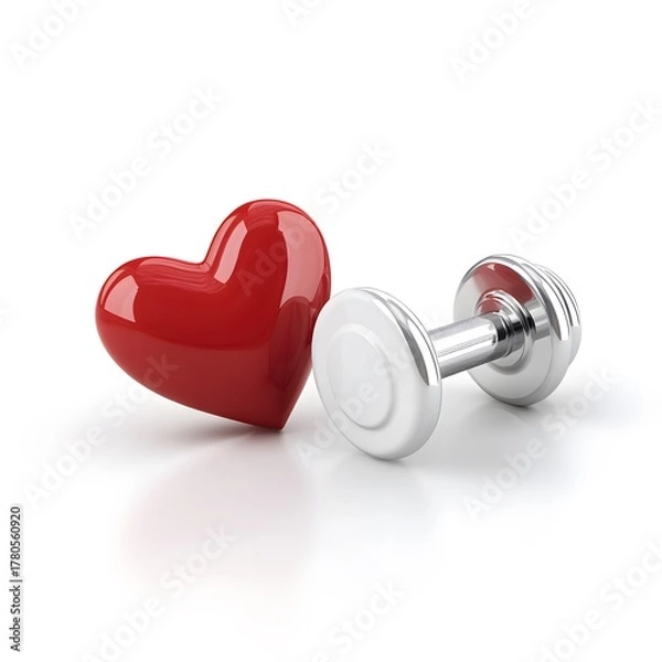 Fototapeta Shiny red heart and chrome dumbbell on white background symbolizing healthy lifestyle, love for fitness, and cardiovascular wellness