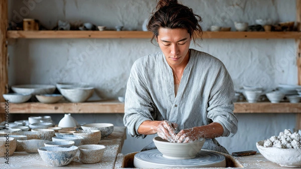 Fototapeta Candid japanese young man shaping clay on pottery wheel inside small workshop, wearing rolled-up linen shirt and apron, hands covered in clay, shelves of pottery behind