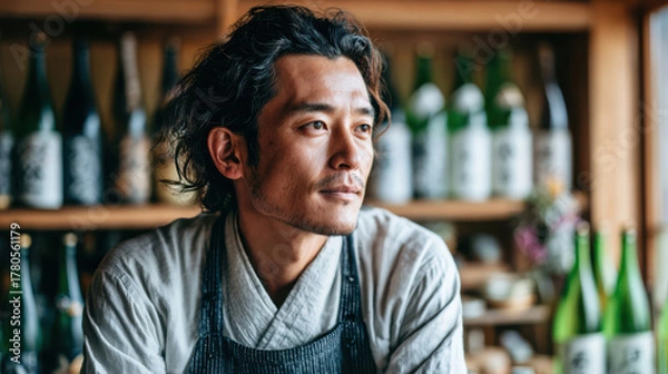 Fototapeta Candid japanese man owner arranging bottles of sake in small traditional shop, warm late afternoon light through noren curtain, wearing white shirt and dark apron, authentic local business atmosphere
