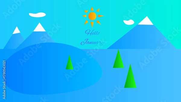 Obraz Winter landscape with christmas trees and mountains. Hello January, vector illustration
